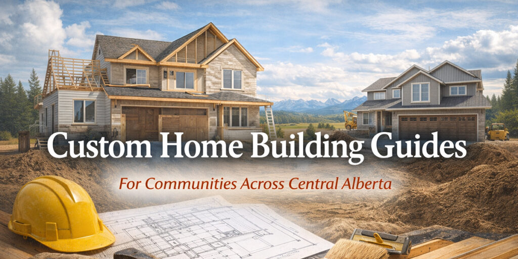 Custom home construction in Central Alberta with new builds, floor plans, and rural landscapes