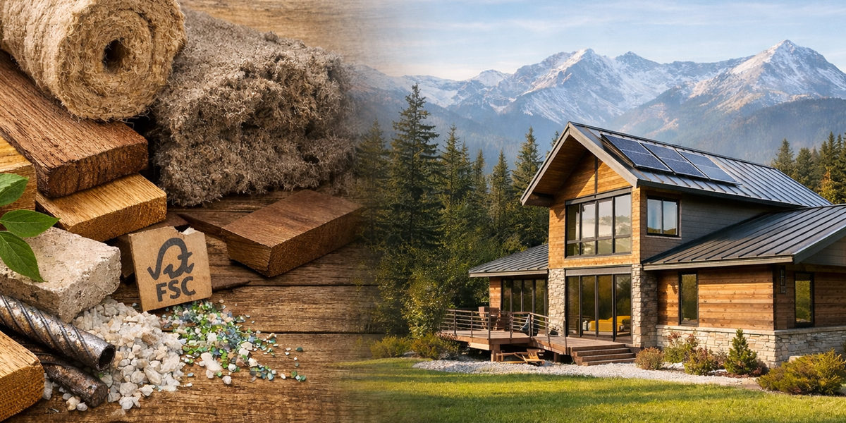 Sustainable building materials beside a modern custom home in Alberta showing eco-friendly design and natural construction materials