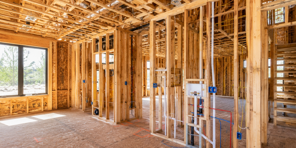 Interior framing stage of a custom home build in Alberta showing wiring, plumbing, and pre-drywall construction