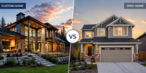 Comparison of a custom home and a spec home in Alberta showing differences in design, layout, and architectural style
