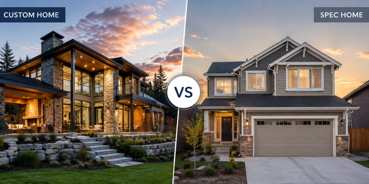 Comparison of a custom home and a spec home in Alberta showing differences in design, layout, and architectural style