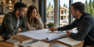 Couple meeting with a custom home builder in Alberta to review home plans before starting the design process