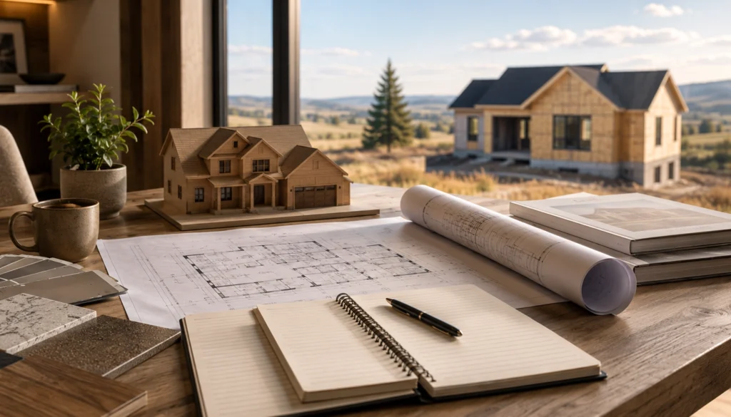 Planning a custom home in Alberta with building plans, material samples, and a home under construction
