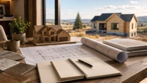 Planning a custom home in Alberta with building plans, material samples, and a home under construction